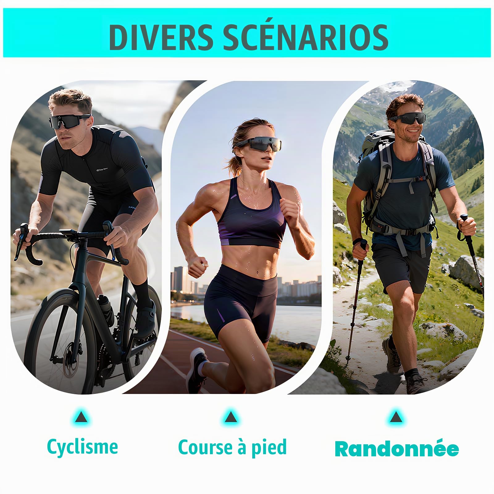Lunettes Caméra 8MP Sport-Lunette Connectées avec Verres Anti-éblouissants