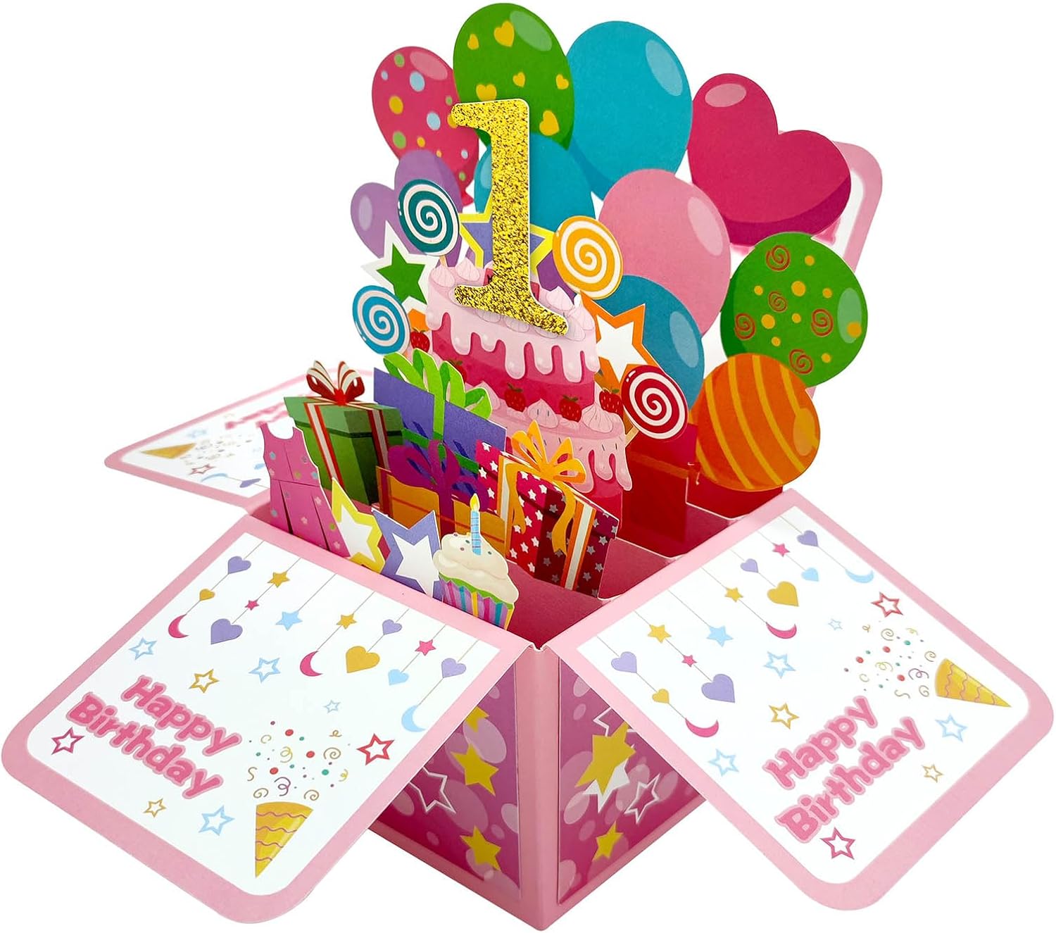 ZOOYOO Happy 1st Birthday Card,3D Pop Up First Birthday Greeting Card for Baby Gril,Daughter,Granddaughther,Niece with 1 Envelop,1 Message Card(Pink) - Image 2