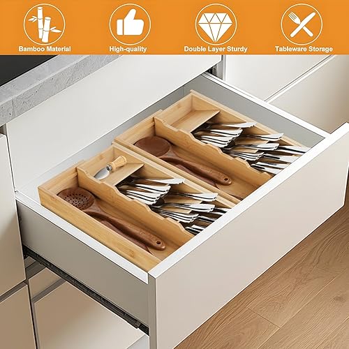 Miniatura 5 de Organizador de cajones de cocina de bambú, organizador de cubiertos expandible, soporte para utensilios, bandeja de cubiertos, cuchara,