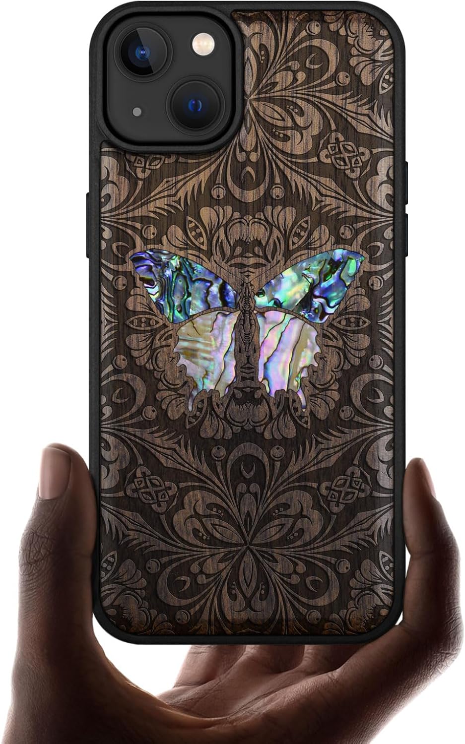 Carveit Designer Wooden Protective Magnetic Case for iPhone 14 Plus Case [Wood Engraving & Shell Inlay] Compatible with 14 Plus MagSafe (Baroque Butterfly-Blackwood)