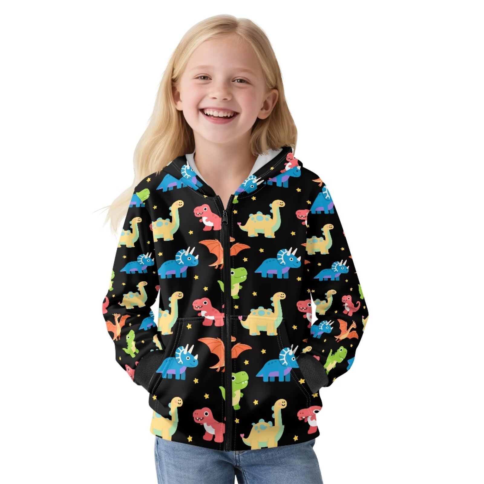 Biyejit Mädchen-Kapuzenpullover mit Reißverschluss, Fleece-Pullover, Sweatshirt, langärmelig, PE, Schulpullover für Reisen, Alltag, S-XL, Dinosaurier, 8-10 Years