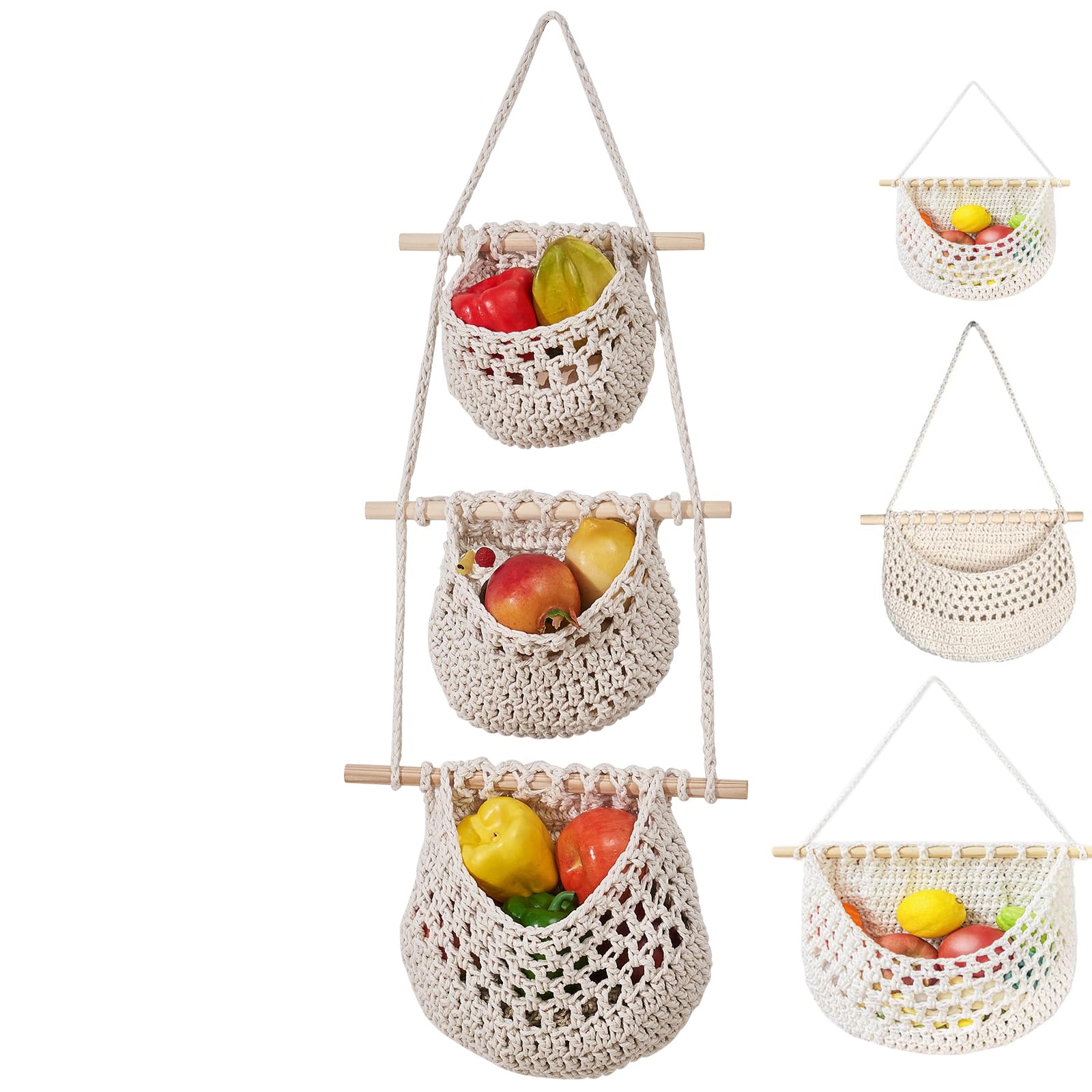 Cesto di Frutta da Appendere,Cestino da parete in corda di cotone intrecciata a mano a 3 strati,Cesto di Frutta Verdura Boho da Appendere,Appendino per Porta Cesto Decorativo per Cucina (Bianco)