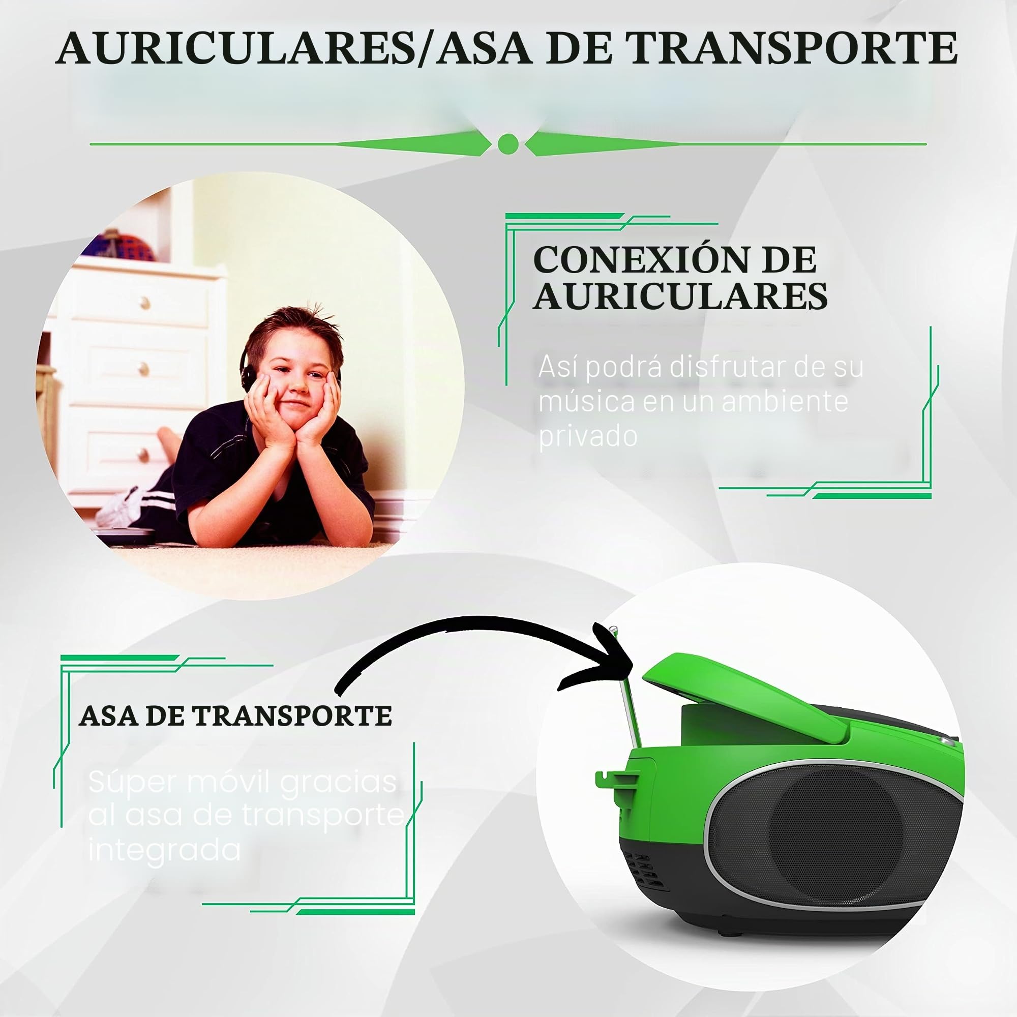 Boombox portátil | CD/CD-R | USB | Reproductor de Radio FM | Entrada AUX | Conector para Auriculares | Radio Infantil | Sistema estéreo | Sistema Compacto (Golo Green)