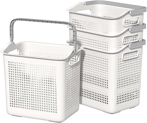 Juego de 4 cestas grandes para ropa sucia con asas, cestas de plástico para ropa sucia, color blanco