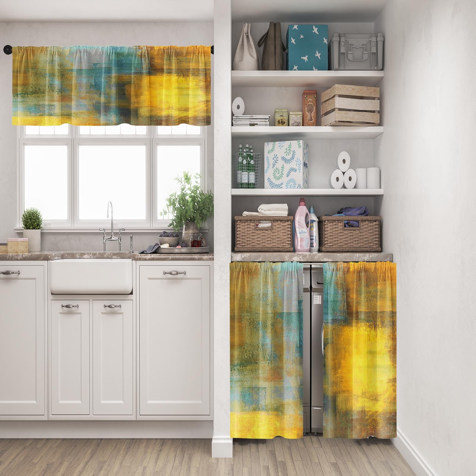 Tayney Daisy Kitchen Window Curtain Set – 3-Piece Valance & Tier Panels, Yellow Teal Butterfly Print, Farmhouse Style, 36"