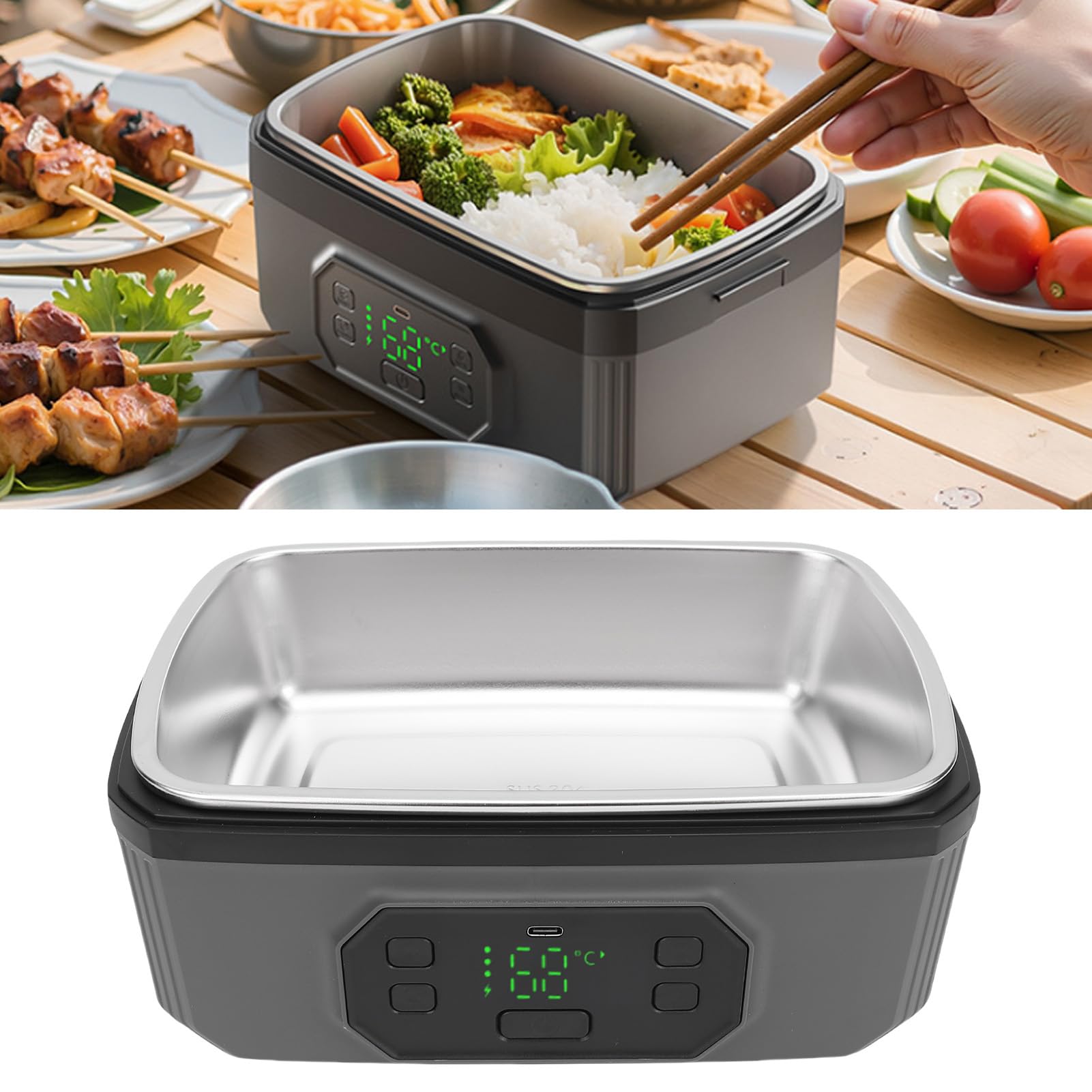 Fockety fiambreras Eléctrica para Adultos, Inalámbrica de 50 W y 1,6 L, Calentador de Comida Portátil Alimentado por Batería, fiambreras Térmica de Acero Inoxidable (1600 ml)