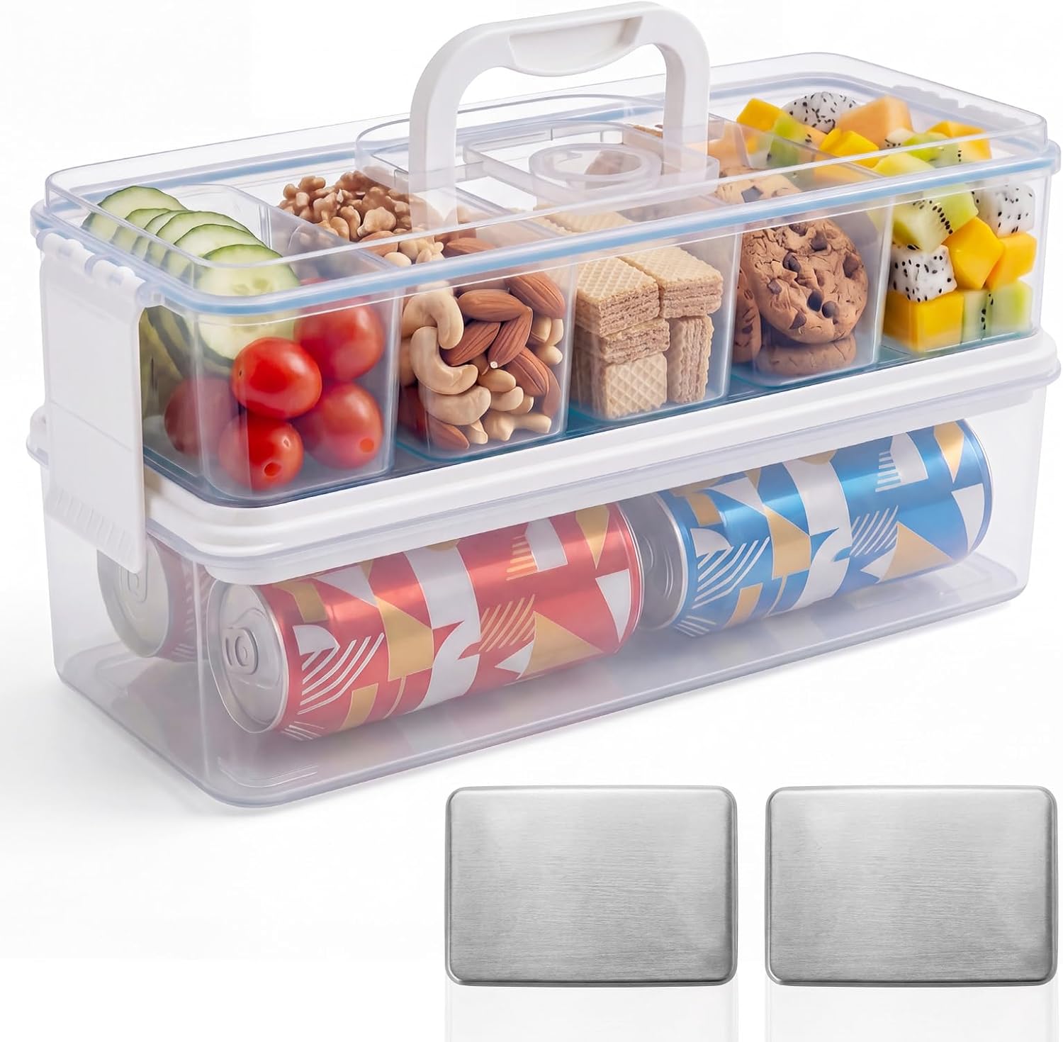 Homelove Snackle Box Container, Snack Organizer Divided Serving Tray with Ice-Pack, Lid and Handle, Double-layer Tray for Food and Drink, 5-Compartment Snack Platter for Travel Party Beach Picnic