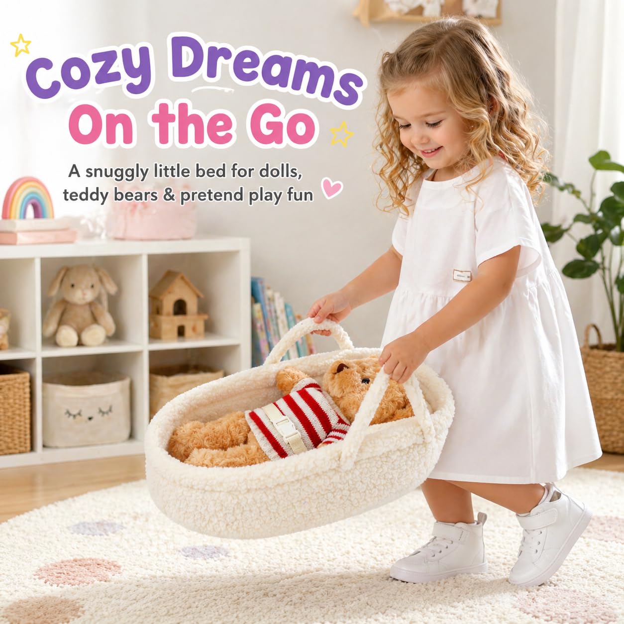 Lit de rêve douillet pour poupée - Porte-poupée portable - Convient pour les poupées American Girl ou les ours en peluche jusqu'à 36 cm - Blanc