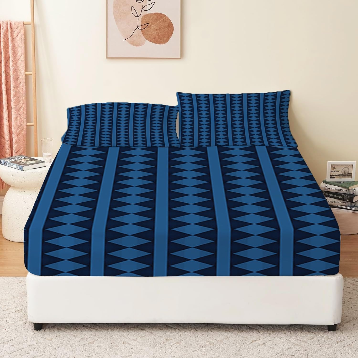 Drap housse résistant aux rides géométrique bleu en microfibre douce avec bonnet profond 30cm