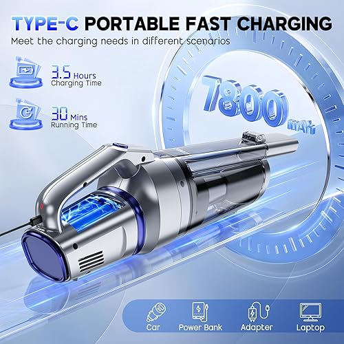 Miniatura 4 de JONYJ Aspiradora de mano inalámbrica, 16000 PA, aspiradora de mano de succión fuerte, aspiradora de mano portátil recargable con múltiples boquillas