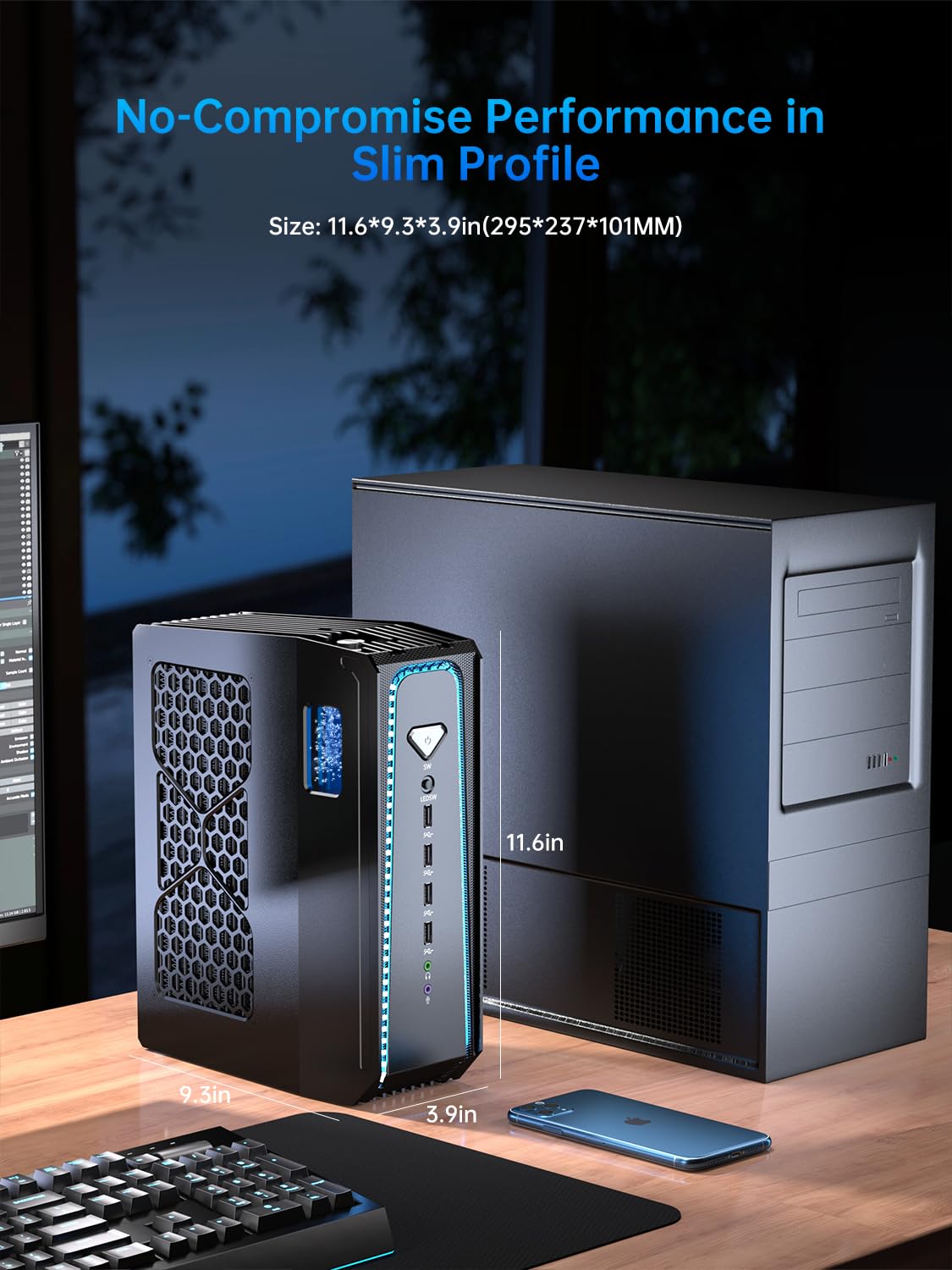 Thdeukoty Mini Gaming Pc Core i9-14900F(24C, 32T, Up to 5.8GHz) 64GB DDR5 1TB SSD, Water Cooling Desktop Computer with RTX 4070S WiFi 6E, BT5.3, RJ45 Port, Quad Display for Gaming/Design/Office