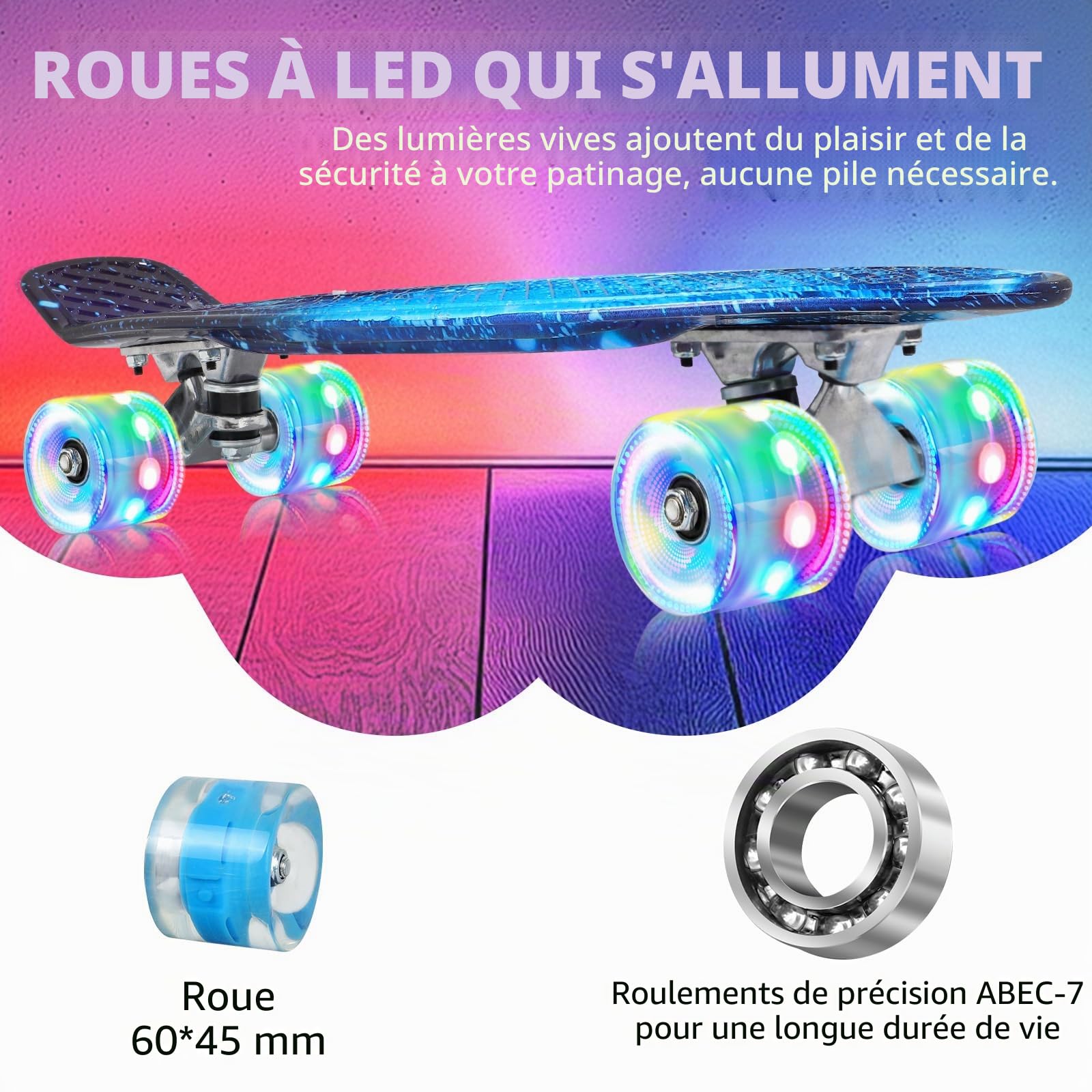 BELEEV Skateboard Complet Mini Cruiser pour Enfants 56cm, Adolescents, Adultes, Roues Lumineuses LED avec Clé de Type T, Tout-en-Un pour Filles Garçons Débutants