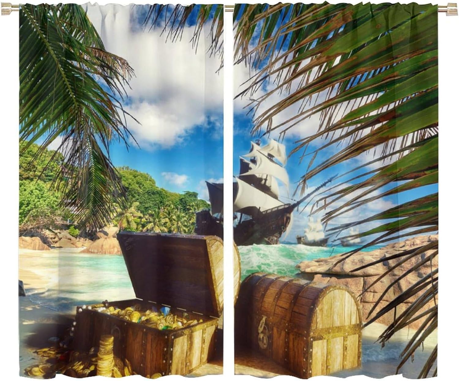 Brebasf Watercolor Pirate Ship Treasure Blackout Curtains Rustic Tropical Beach Coastal Palm Leaf Nautical Sailing Ship Window Thermal Insulated Darkening Rod Pocket Curtains 2 Panels 63" L x 36" W