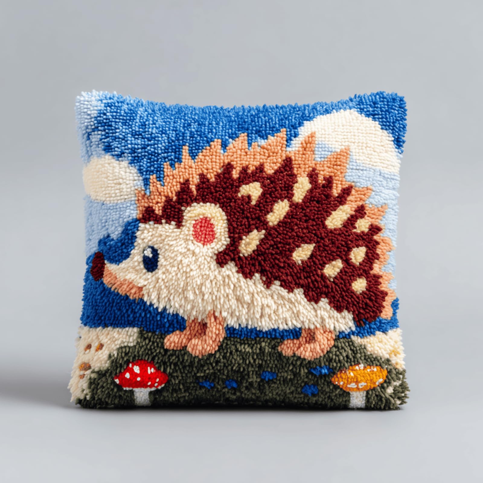 Taxpy Animal Hedgehog DIY Latch Hook Pillow Kit,17x17in Handmade Cushion Cover Craft Set with Colour Printed Canvas and Yarn,Cozy Decorative Throw Pillow for Sofa Bedroom