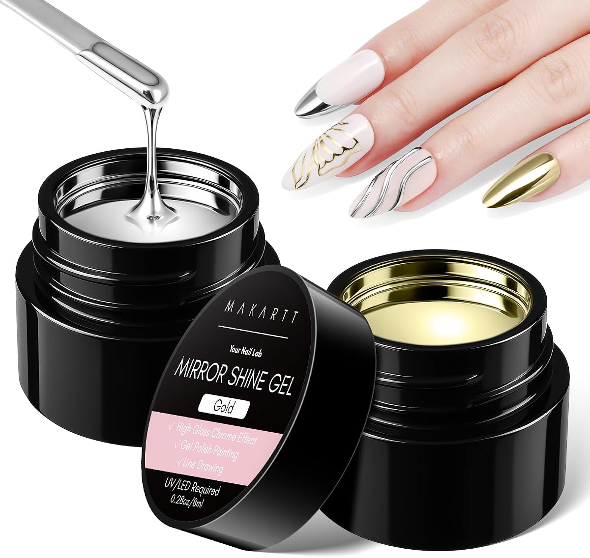 Juego de esmaltes de uñas de gel cromado: 2 piezas de gel 3D plateado metálico y dorado | Gel de pintura de metal, efecto espejo brillante, efecto 3D, remojo UV/LED, manicura DIY de salón en casa