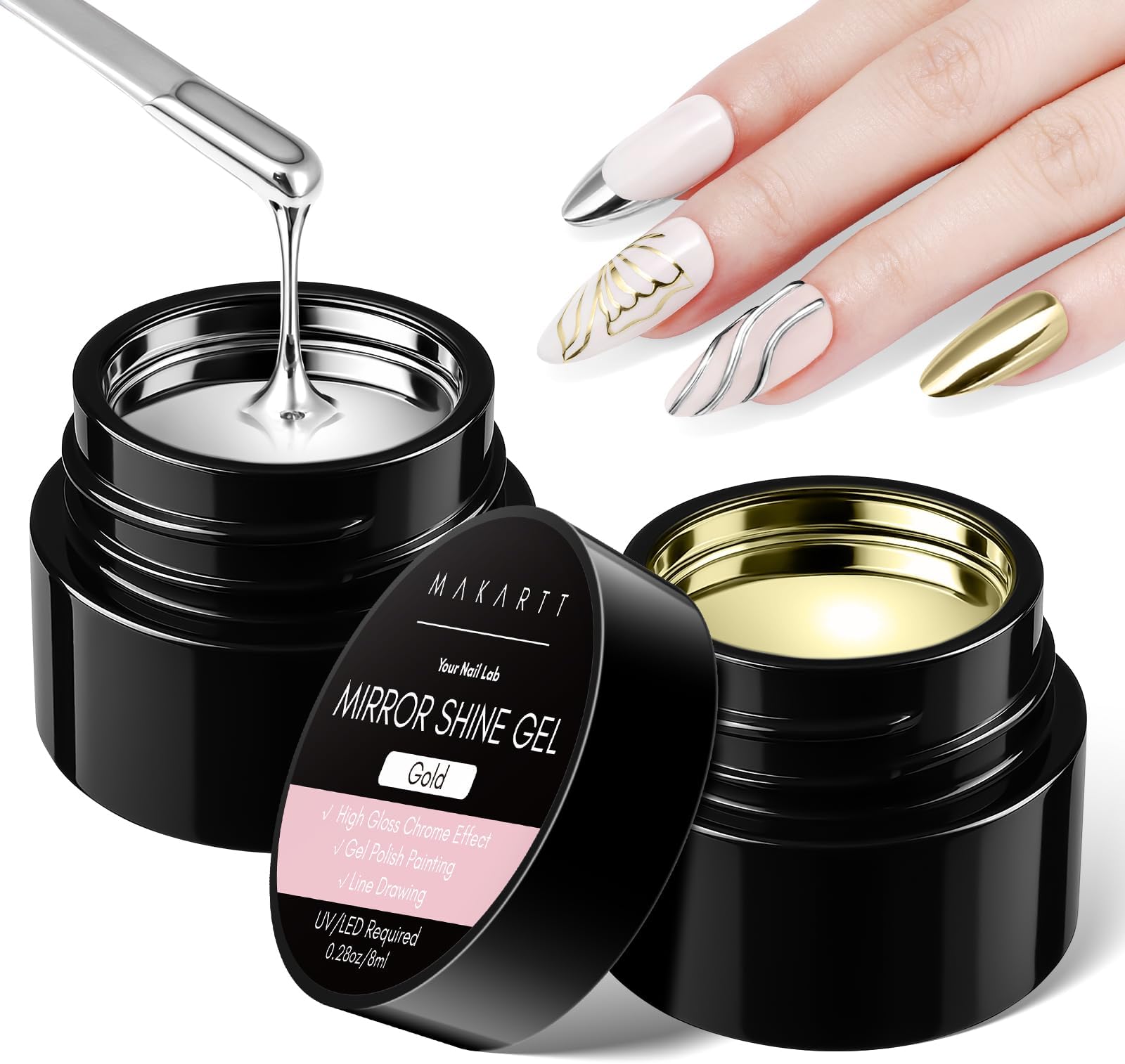 Makartt SILVER AND GOLD MIRROR EFFECT: The liquid chrome gel polish has a mirror effect that gives the nails an elegant and futuristic look.The chrome effect reflects the