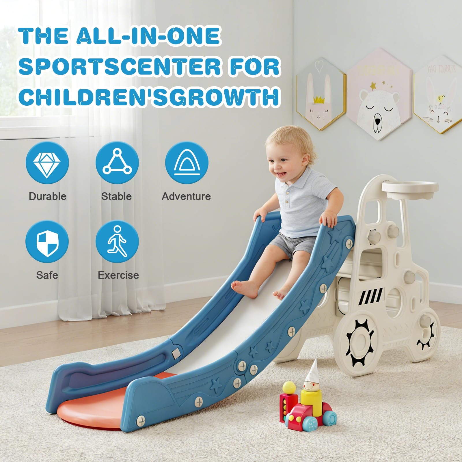 Kintness 3 in 1 Kleinkind Rutsche, Auto Design Kinder Rutsche Kletterer Spielset mit Basketballkorb Indoor & Outdoor Kleinkind Spielplatz mit Anti-Rutsch Stufen für Baby, Blau und Weiß