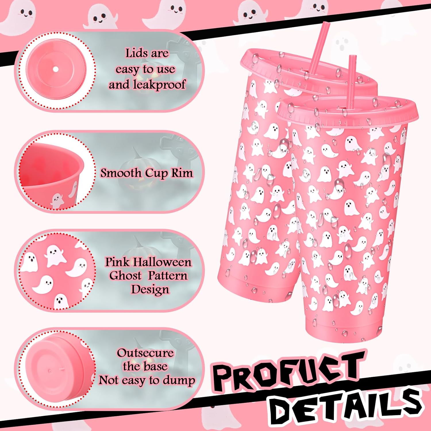 12 Sets Halloween Ghosts Tumbler Cups Bulk 24 oz Reusable Cute Spooky Plastic Tumbler with Straw Lid and Bow Ghost Party Favor for Little Boo Baby Shower Party Supplies(Pink) - Image 3