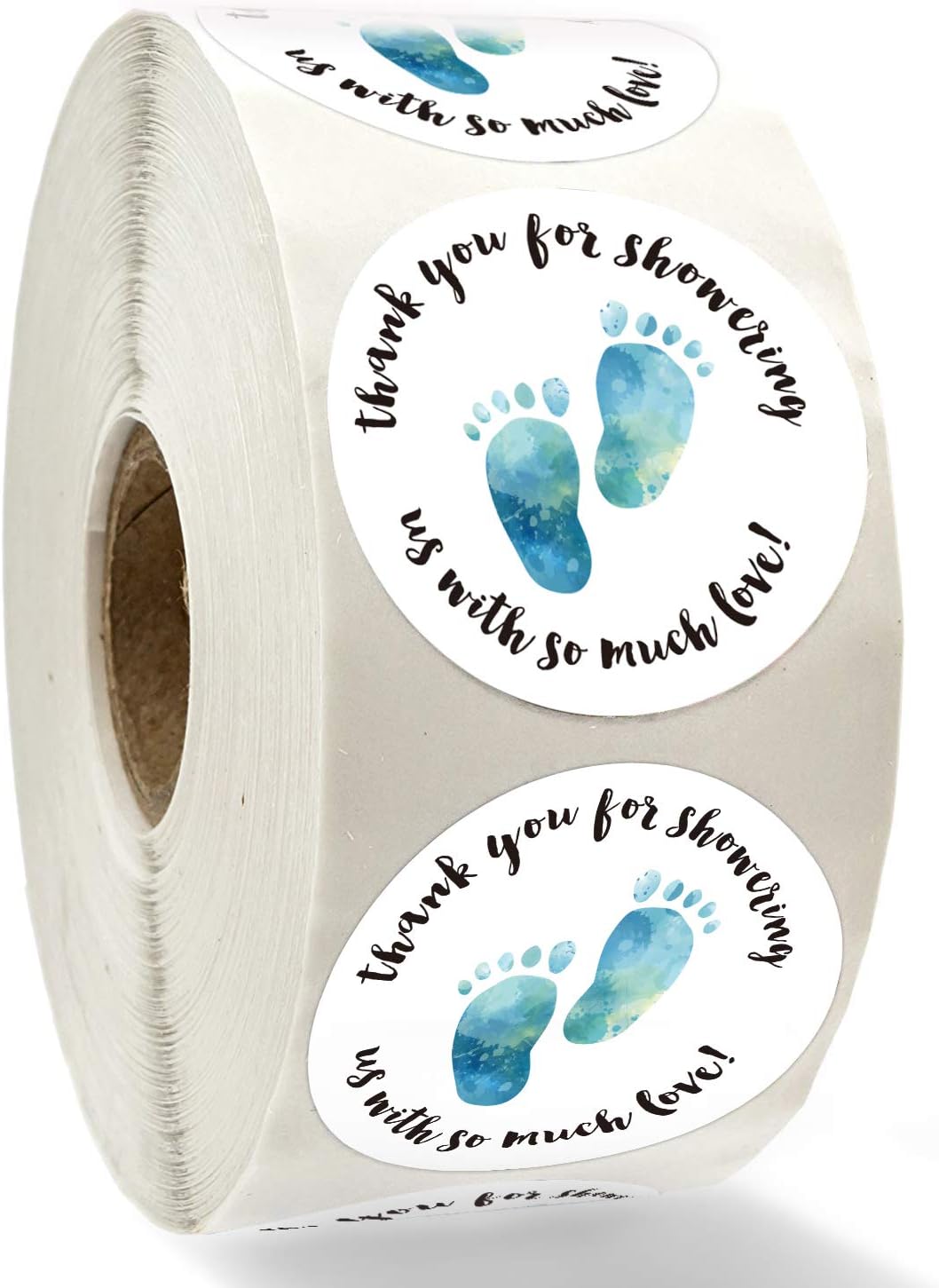 1.5 Inch Round Baby Shower Stickers, Thank You for Showering Us with So Much Love, Blue Foot Stickers