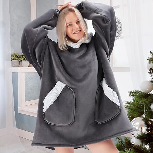 Miniatura 6 de Comore Manta con capucha, acogedora manta con capucha, regalos cálidos, sherpa suave con bolsillos gigantes para mujeres, niños y hombres