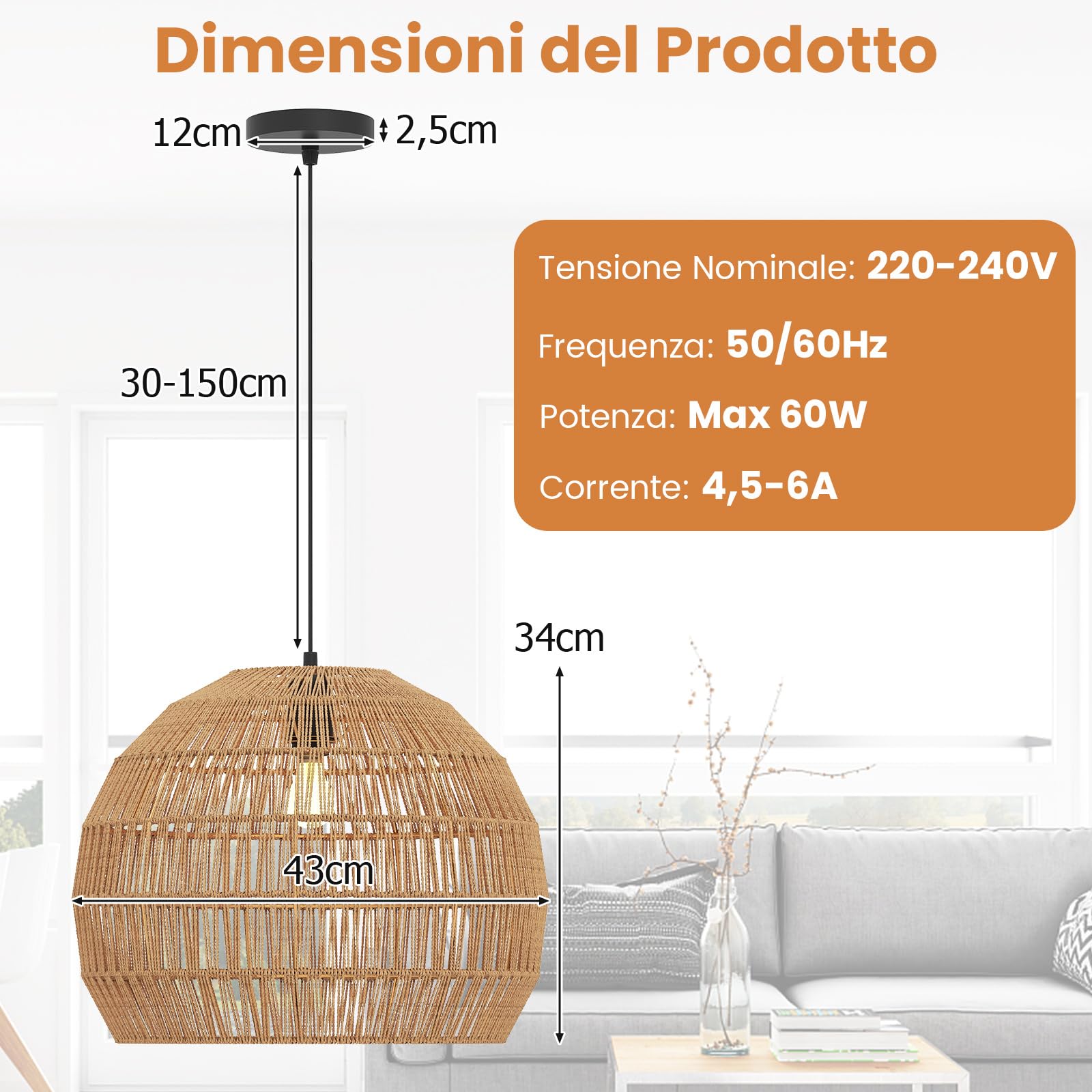 RELAX4LIFE Lampadario a Sospensione, Lampadario Soggiorno con Effetto Rattan Sintetico, Struttura in Metallo, Sile Boho, Lampada da Soffitto per Camera da Letto e Sala da Pranzo (Marrone)