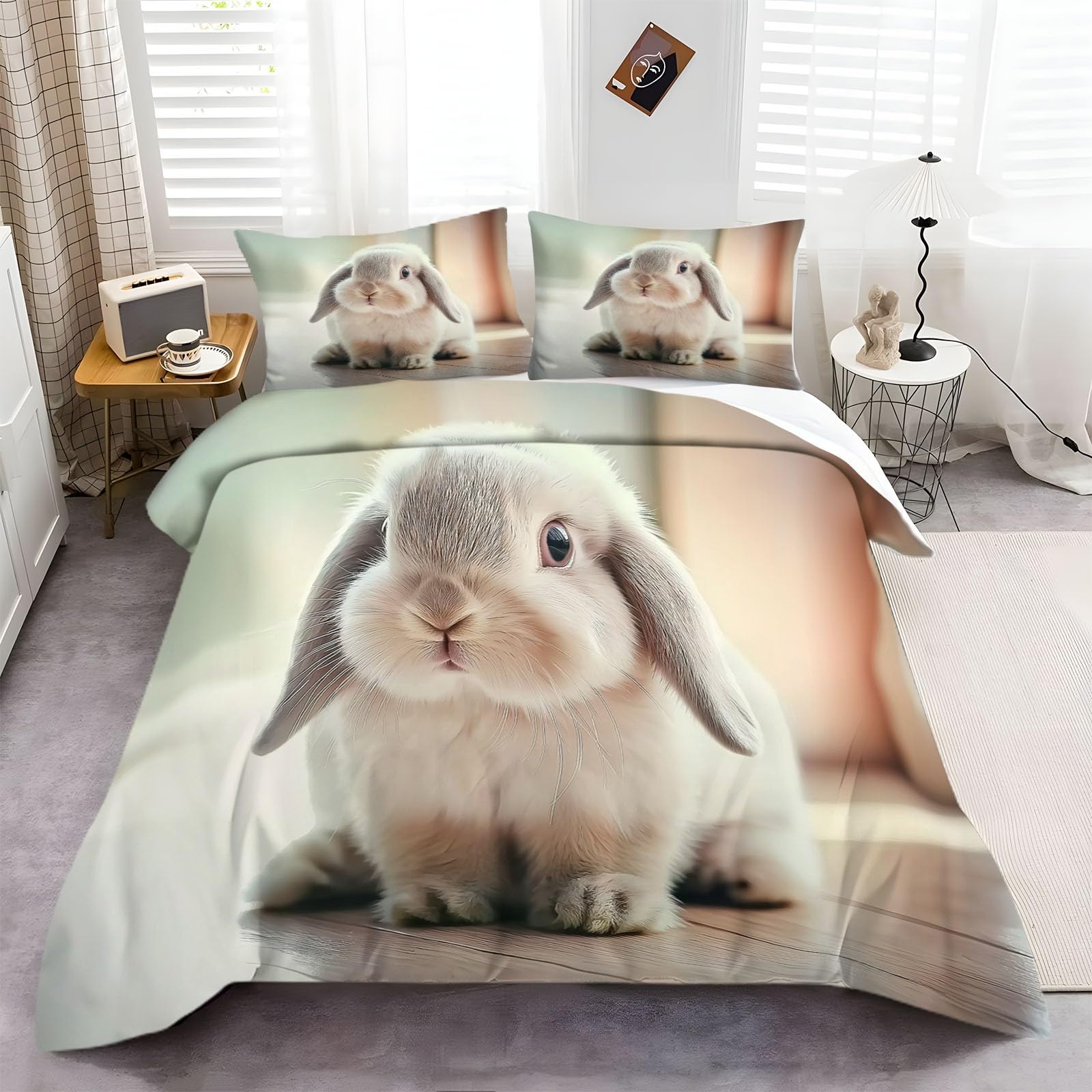 Copripiumino Singolo 150x200 cm Coniglio Lop Animale Set di Biancheria da Letto in Cotone Poliestere Confortevole Stampa 3D Copripiumino con Chiusura a Cerniera