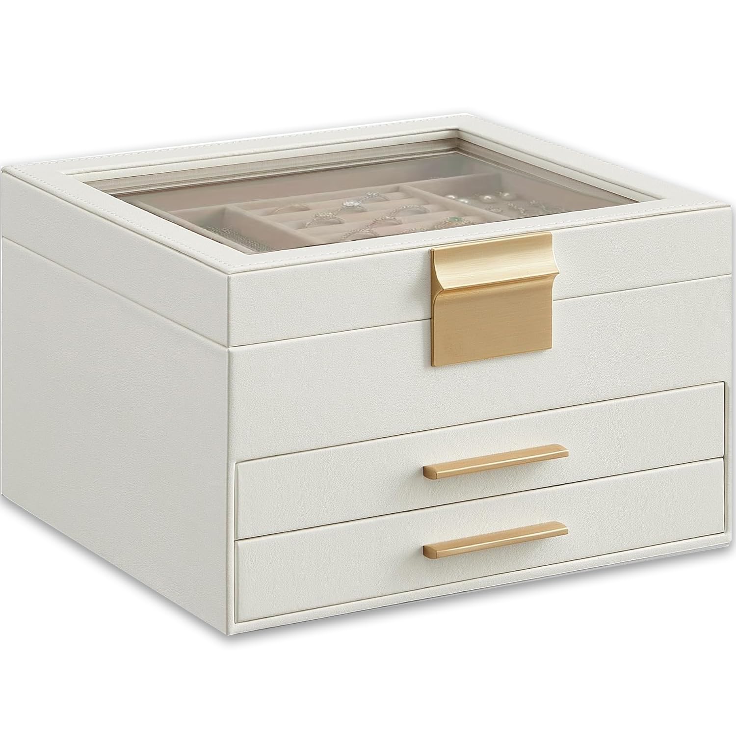 Jewelry Box Organizer with Glass Lid 3 Layer Jewelry Storage Display Box with 2 Drawers Modern Style 8