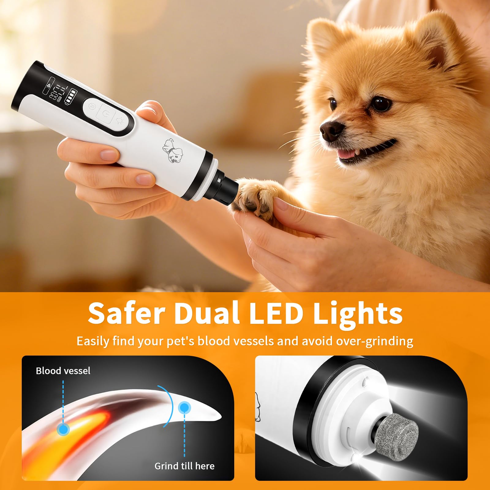 Upgraded Dog Nail Grinder Quiet 3 Adjustable Speed Cordless Silent Nail Grinder Pet Nail Trimmer with LED Light Pet Silent Painless Paw Grooming Supplies for Small/Medium/Large Dogs & Cats - image 5