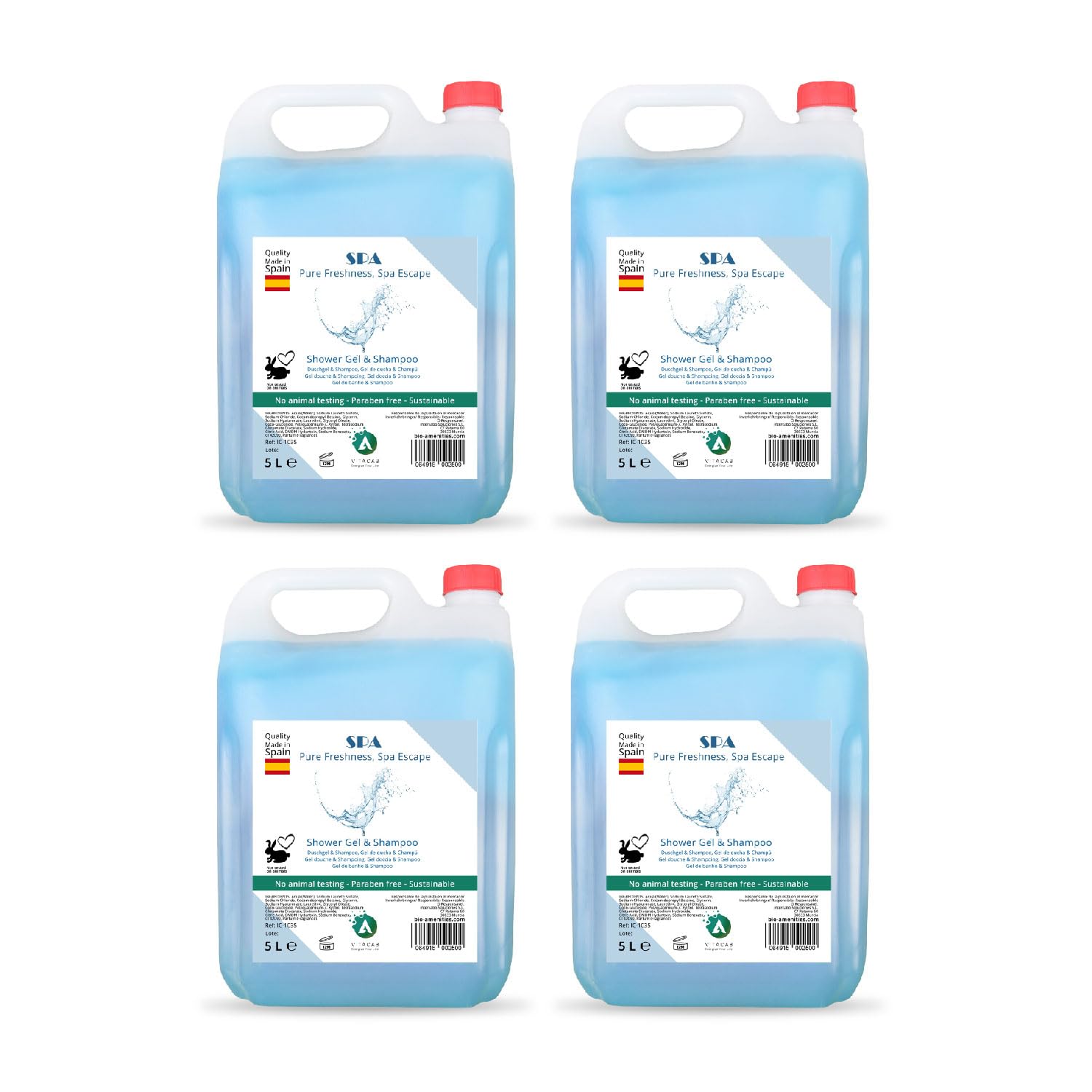 Duschgel & Shampoo Spa 2in1 – 4 x 5 Liter Nachfüllkanister mit frischem Duft – Flüssigseife für Spender, vegan und pH-hautneutral – Duschgel für Hotels, Shampoo für Gewerbe, Körperpflege