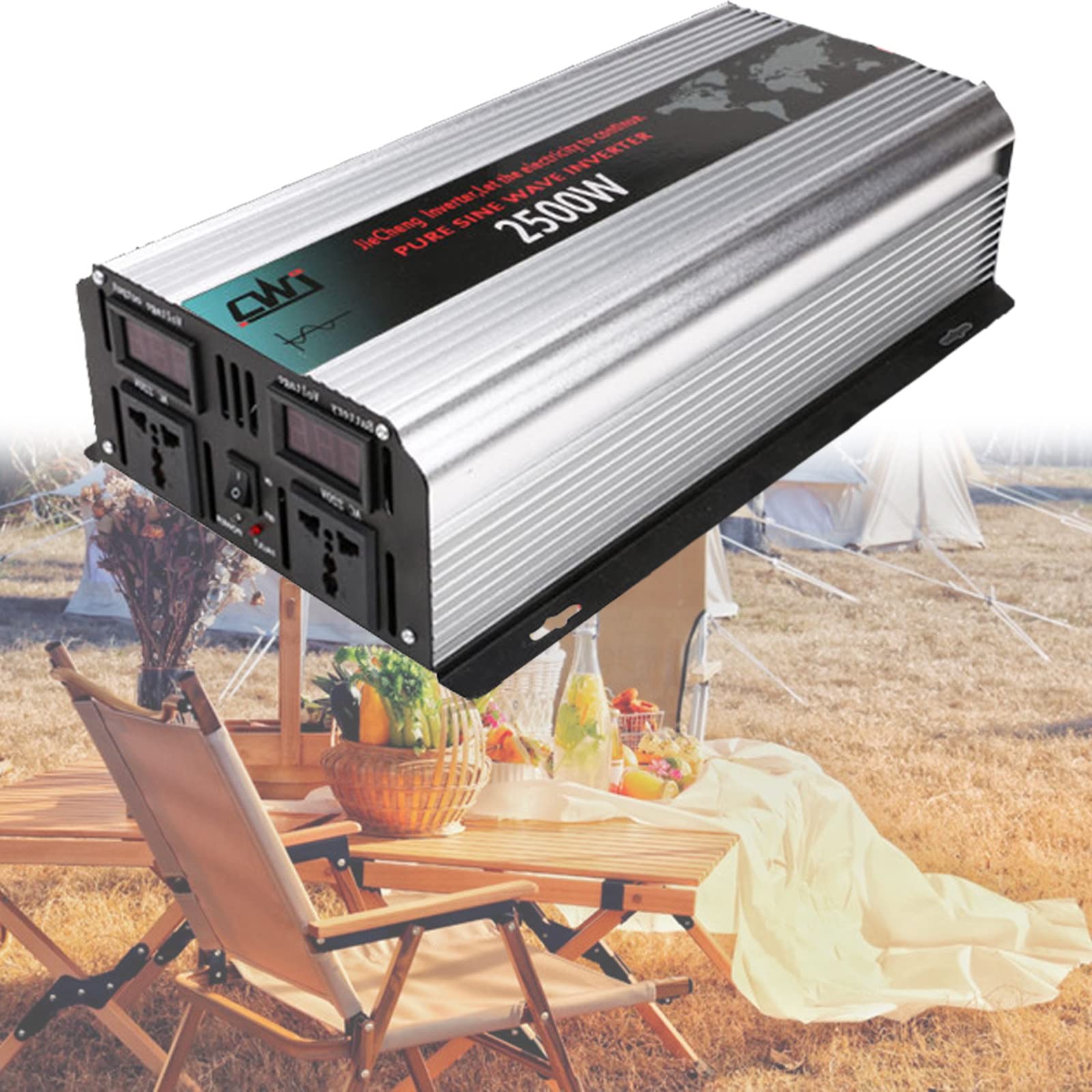 2000W 3000W 4000W 5000W 6000W fala sinusowa czysta 12V 24V 48V 60V 72V do 110V 220V DC do AC z 2 gniazdami AC, do samochodu kampera, łodzi, domowego układu słonecznego,2500W-12Vto110V