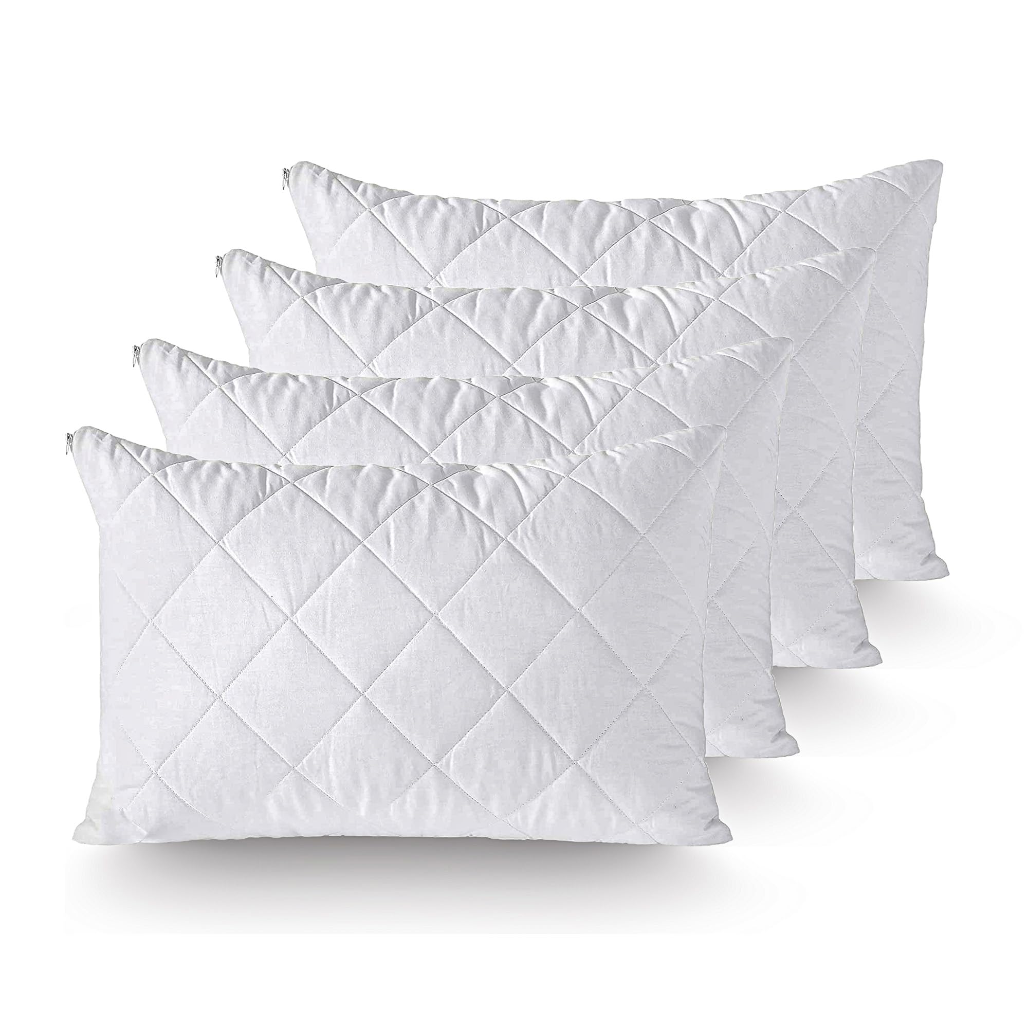 Sphires White Luxury Quilted Zip Pillow Protector 4 Pack - 100% Microfiber Soft, Hypoallergenic Pillowcase Protectors - Machine Washable Breathable Pillow Case Protector 4 Pack - 48X74cm