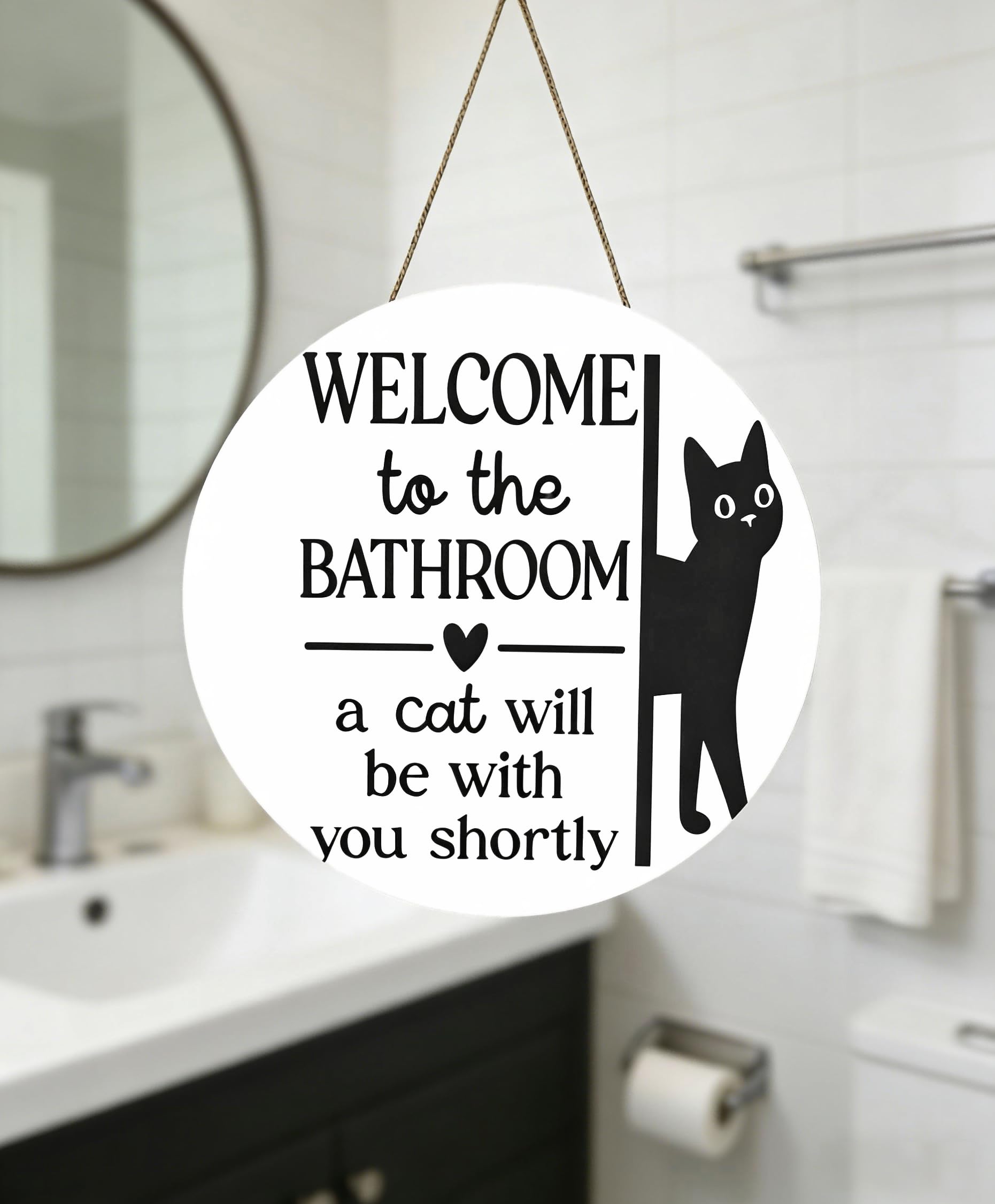 Minwegi White Funny Cat Bathroom Sign - 20Cm Wooden Waterproof Hanging Plaque For Bathroom Decor, Humorous Kitty Wall Art For Cat Lovers