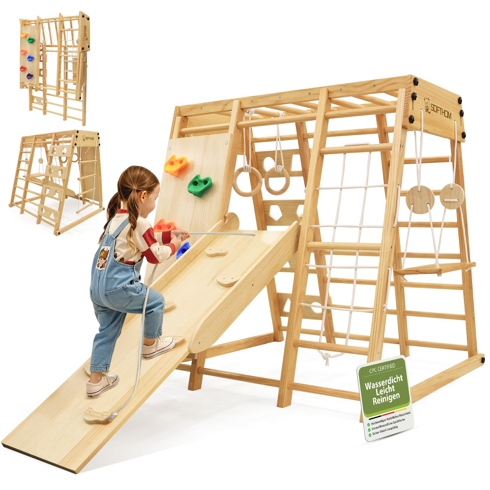 Maxi Estructura de Escalada de Interior, 10 en 1 Multifuncional Estructura de Escalada para Niños, Impermeable&Plegable, Montessori Set de Escalada de Madera, Monopatín, Balancearse