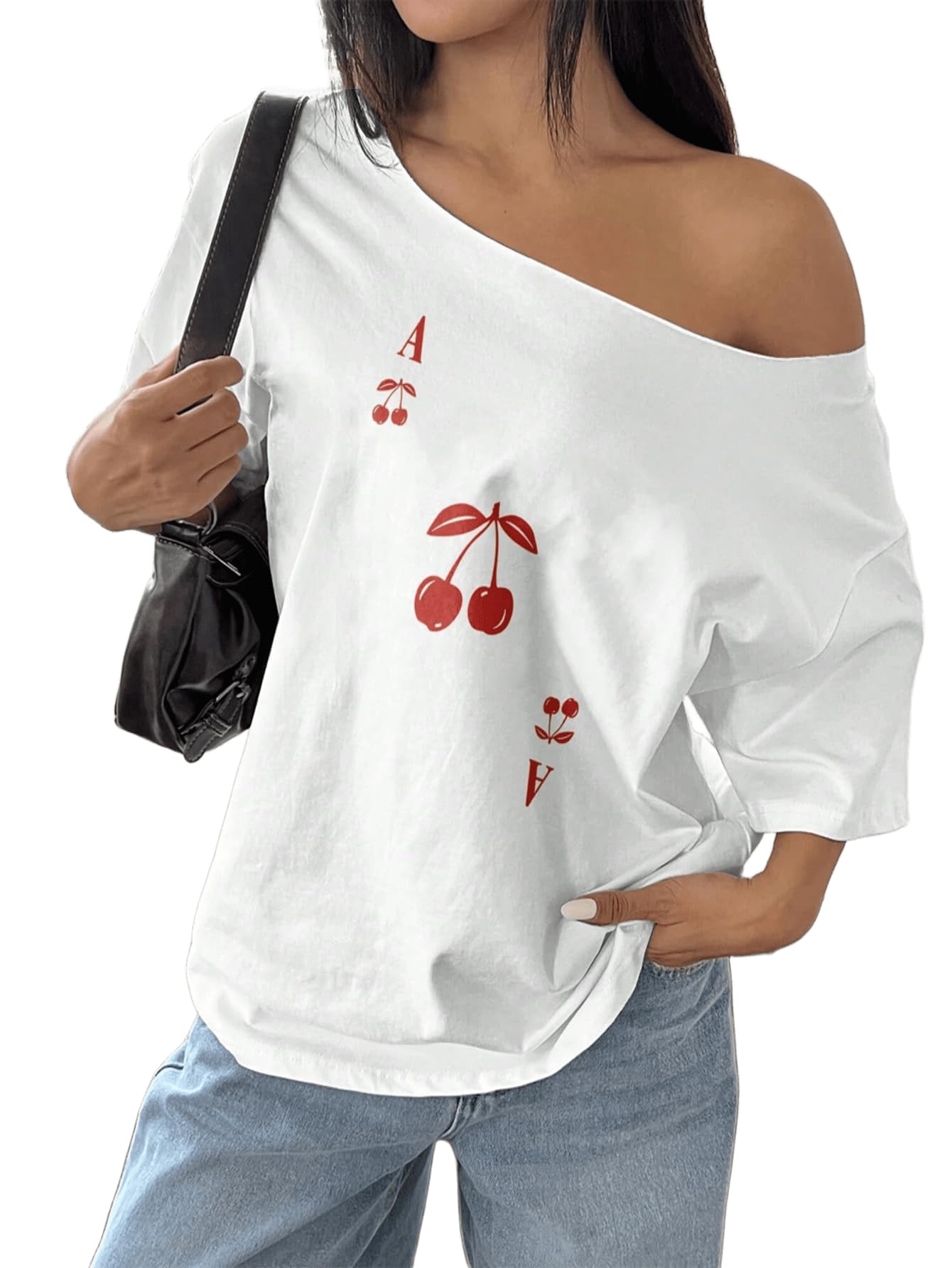 SXV Women Spade Ace & Cherry Print Oversized Loose Asymmetrical Shoulder Short Sleeve T-Shirt