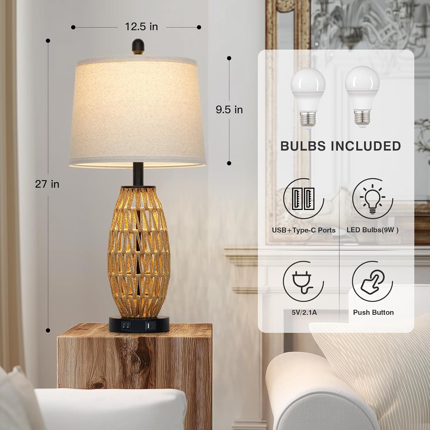 27" Rattan Table Lamps Set of 2, Boho Bedside Lamp for Bedroom with Night Light, Coastal Woven Wicker Nightstand Lamps with USB A+C Charging Port, Tall Farmhouse Living Room Lamp