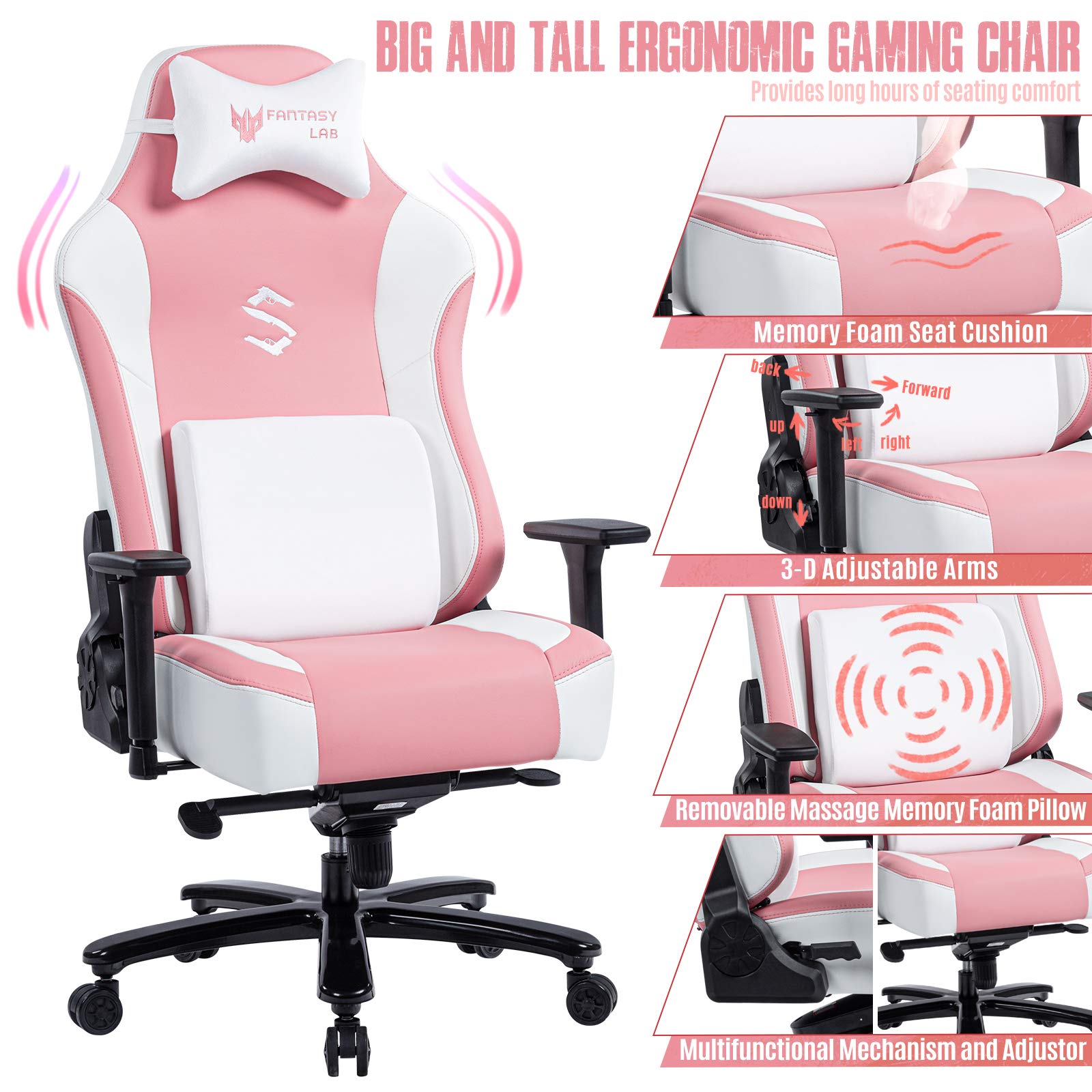 FANTASYLAB Big and Tall Gaming Chair 400lb Pink Gaming Chair Massage
