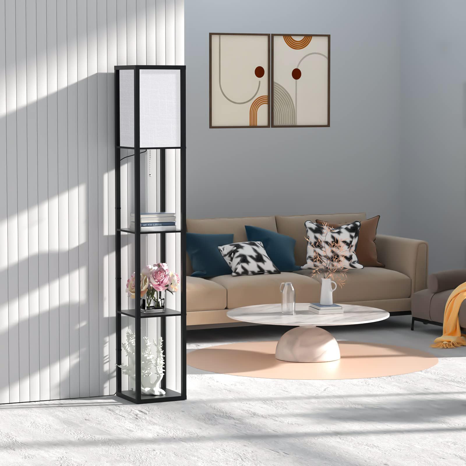 Lampada Salotto da Terra in Legno con Scaffale, Tre temperature di colore Lampada da Pavimento con 3000K-5000K E27 Lampadine, Lampada a Stelo 1.6M, Piantana da Terra per Camera Da Letto e Soggiorno