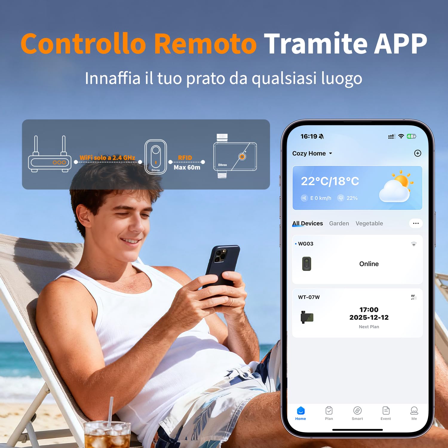 Diivoo Centralina Irrigazione WiFi con Ingresso Uscita in Ottone, Timer Irrigazione WiFi è Compatibile con Alexa e Google Home, Temporizzatore Irrigazione per Giardino, Prato