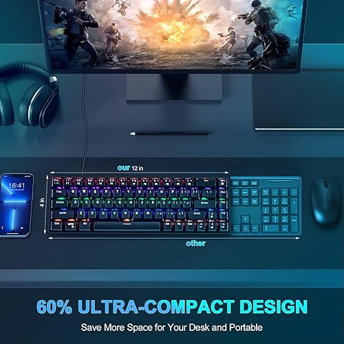 Miniatura 2 de RaceGT Teclado mecánico con cable para juegos, mini teclado ultracompacto de 67 teclas, teclados USB con cable, retroiluminación LED RGB multicolor