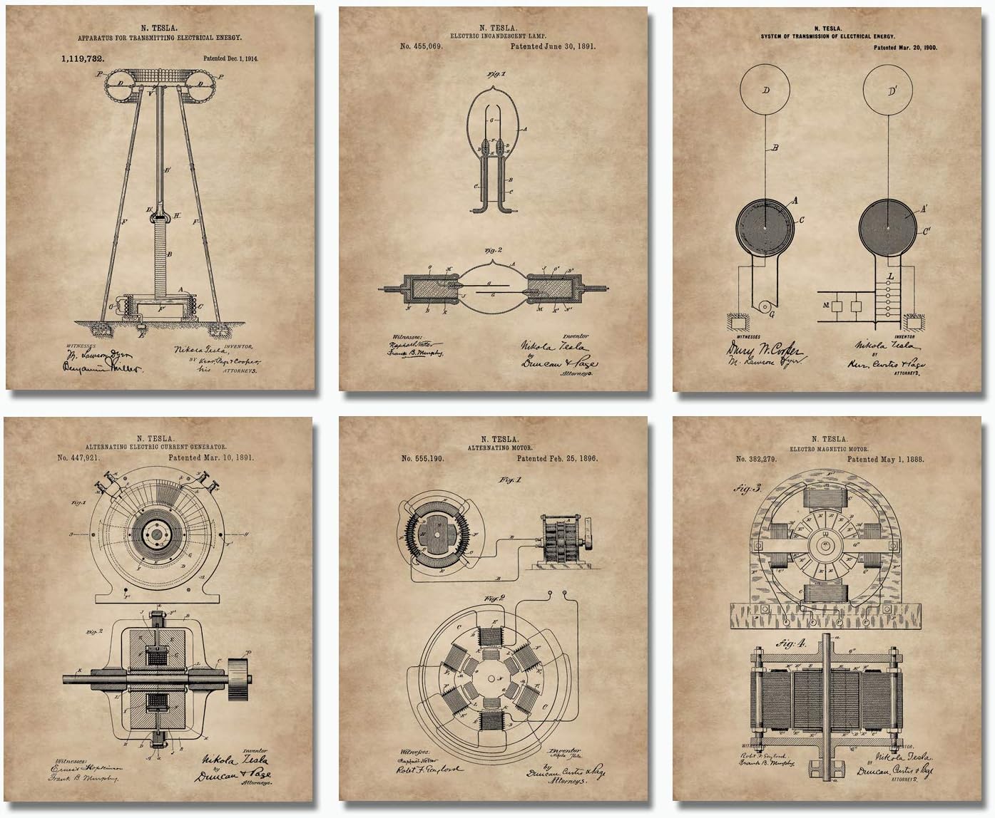 Nikola Tesla Gifts for Engineers - Steampunk Wall Decor 6 (8"x10") Unframed Wall Art Patent Prints - Industrial Artwork Home Decor - Electrical, Coil, Nerd, Geek, Science, Physics Decorations