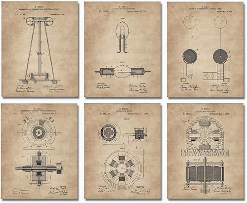 Nikola Tesla Regalos para ingenieros  Decoración de pared Steampunk 6 (8 x 10 pulgadas) sin marco de arte de pared impresiones de patentes  Arte