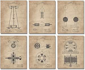 Nikola Tesla Wall Art Patent Prints (8"x10") Set of 6 - Engineer Gifts - Geek Home Decor