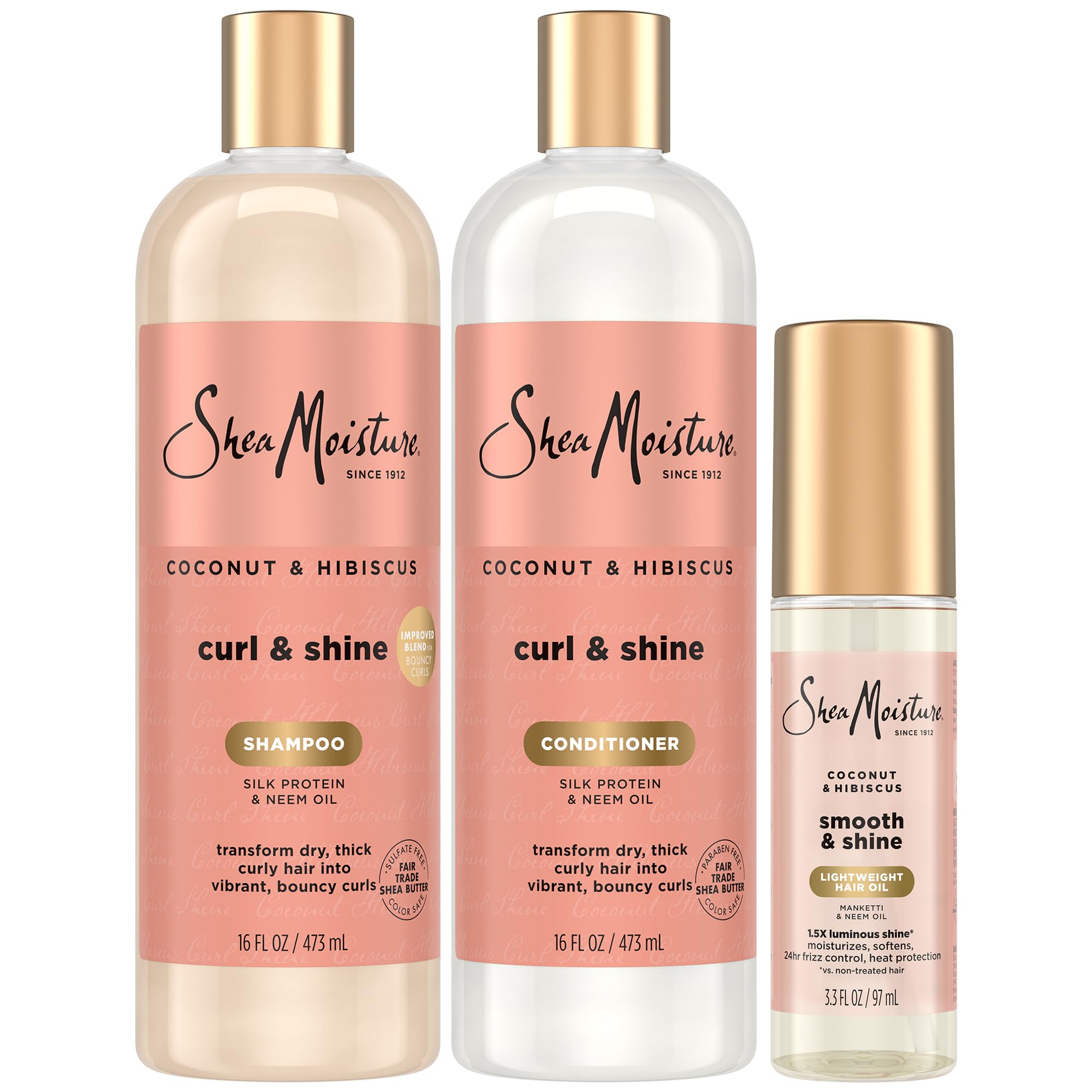 SheaMoisture Coconut & Hibiscus Curl & Shine Shampoo & Conditioner, Family Sizes + Smooth & Shine Oil for Bouncy Curls, Shiny Hair, Frizz Control
