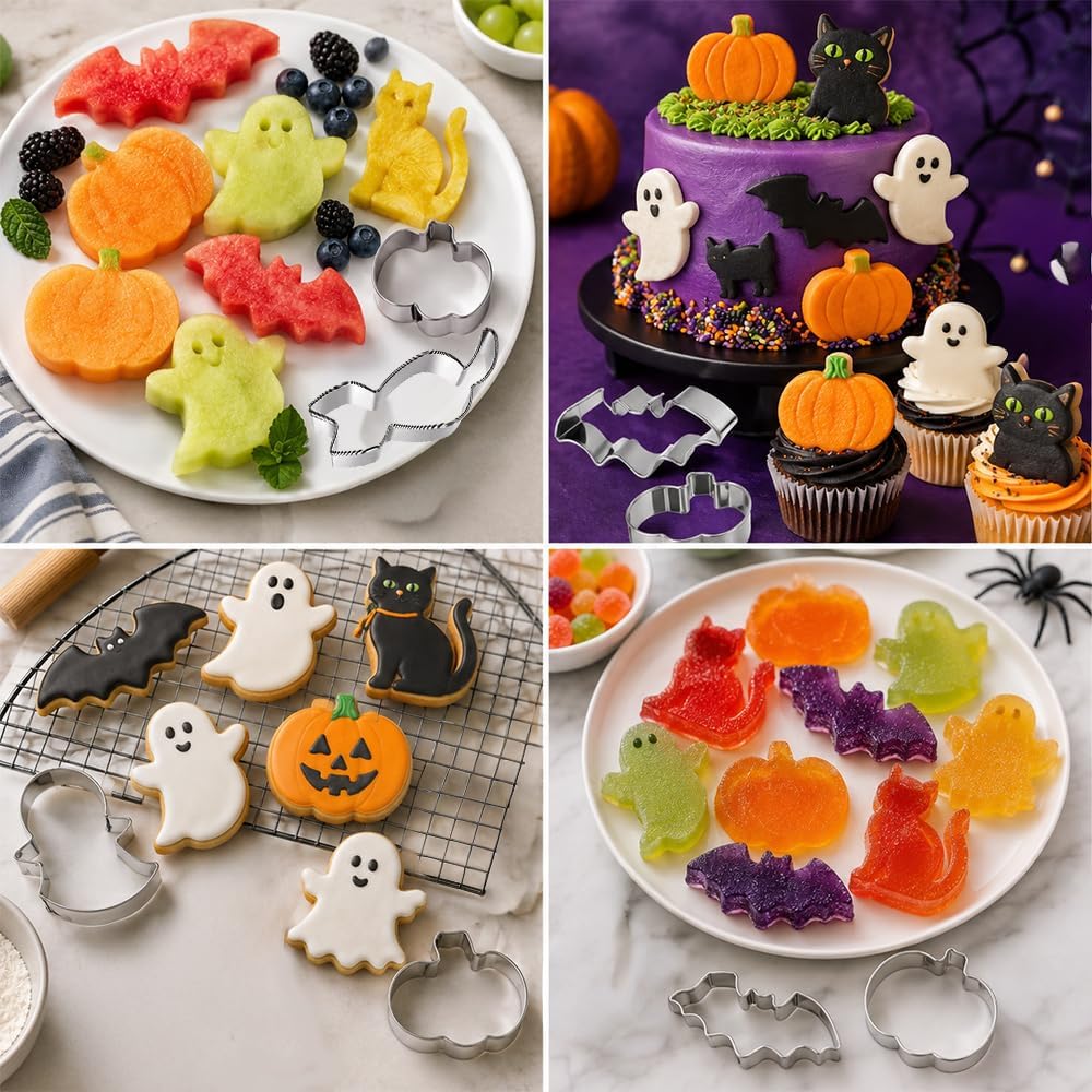 5Pcs Halloween Cookie Cutters, Stainless Steel Molds Ghost Cat Bat Pumpkin
