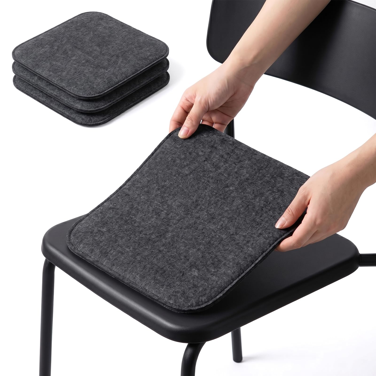 Set di 4 cuscini quadrati in feltro con gommini antiscivolo, 35 x 35 cm, lavabili, per interni ed esterni, per sala da pranzo, giardino (4, quadrato, grigio scuro)