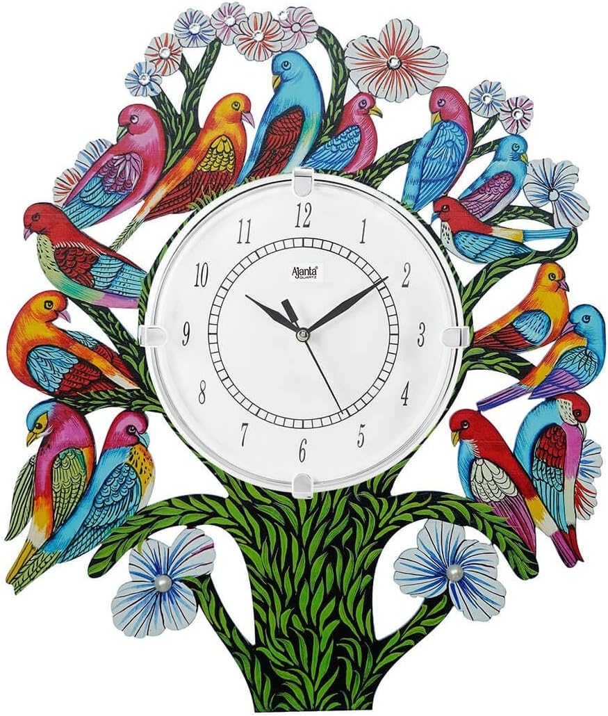 CIRCADIAN Ajanta Wooden Analog Wall Clock Design for Home Hall Living Room Decor Office Kids Bedroom Stylish Ethnic Antique Decorative White Colour Bird Tree 41 x 33 cm Pack of 1