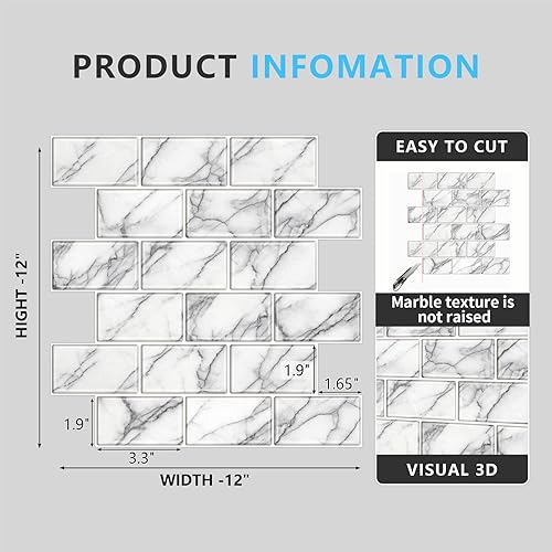 Miniatura 6 de URCOLOR 10 hojas de adhesivo para loseta en muro de cocina, 12 x 12 pulgadas, autoadhesivo, estilo metro, para salpicaduras de cocina y baño, mármol