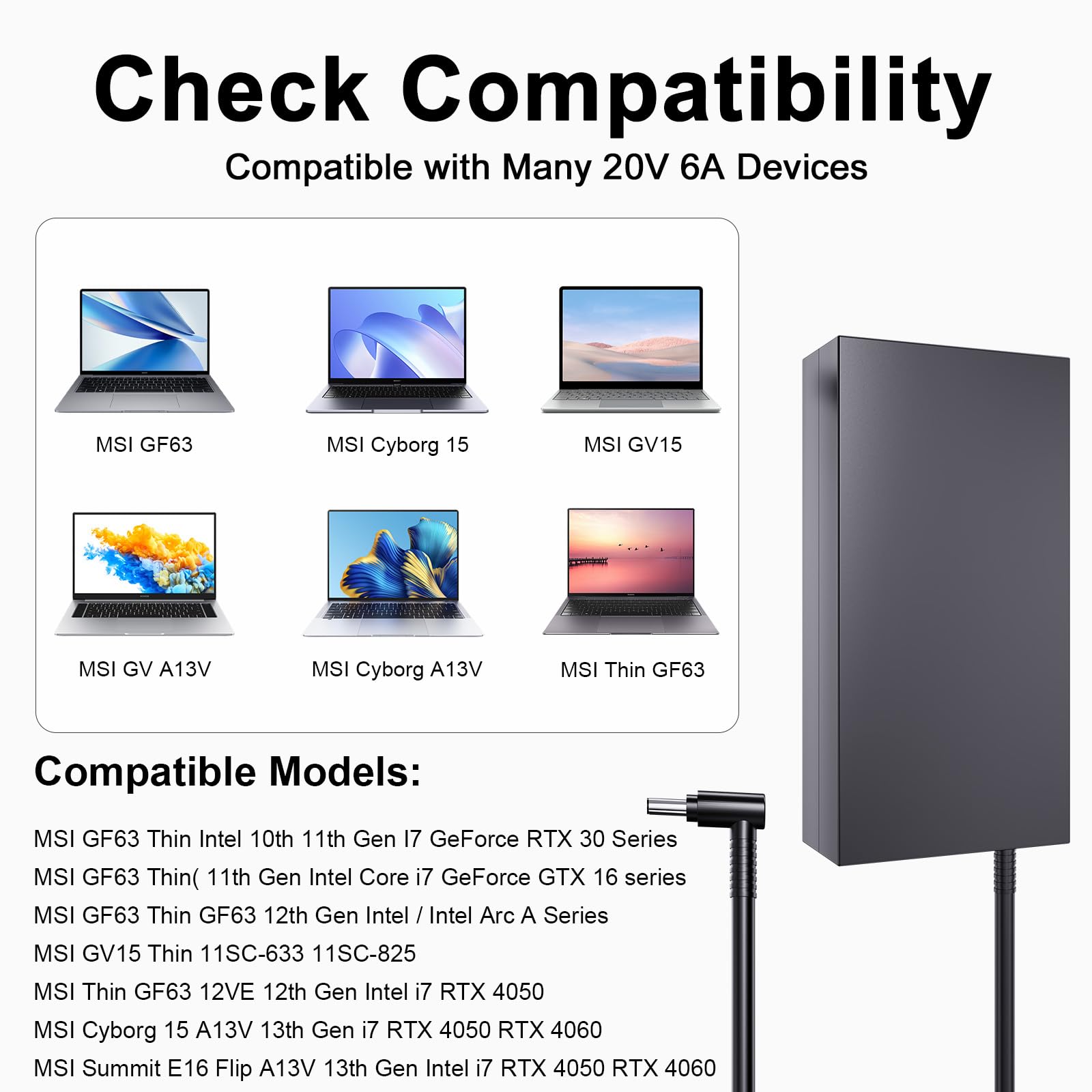 120W Caricatore Compatibile con MSI GV15 GF63 GV15-Thin-11SC Thin 15 A15 B13V B13U B12V B12U B7U GF63 Thin 10 11 12Th Intel Core MS-16R8 MS-16R7 MS-16R6 MS-16R5 A17-120P2A ADP-120VH D alimentatore