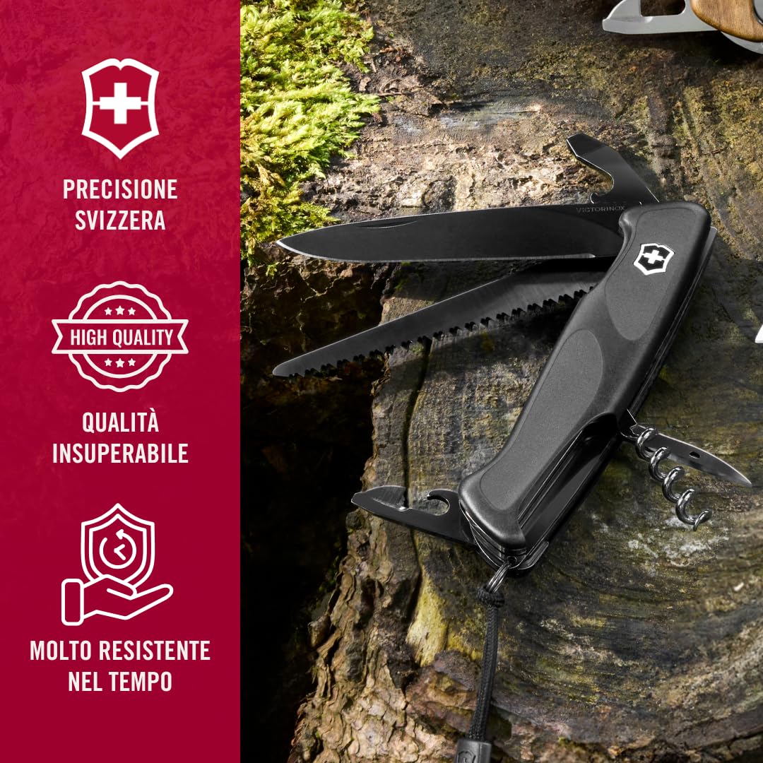 Victorinox, Ranger 55 Grip Onyx Black, Coltello Svizzero, Originale, Multiuso, Campeggio, 13 Funzioni, Lama, grande, Apriscatole, Bloccabile