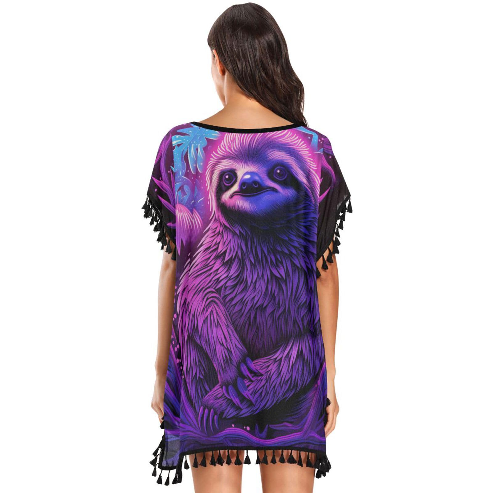 Abstract Purple Sloth Women's Beach Cover Up Chiffon Tassel Swimwear Swimsuit Coverups for Girl